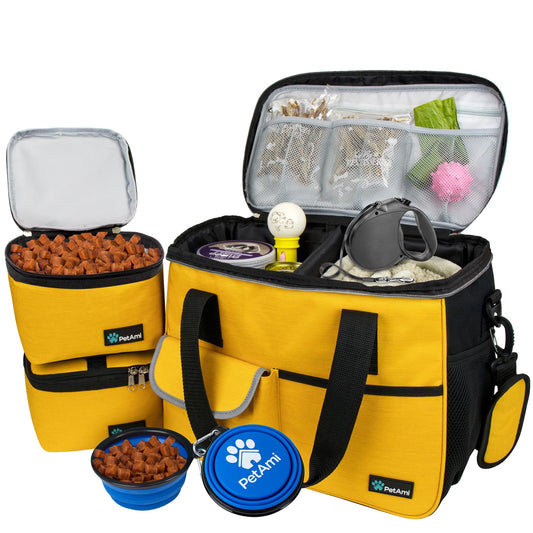 Dog Travel Bag, Travel Pet Bag Organizer, Dog Food Travel Bag with Food Container and Bowls, Dog Travel Supplies Gift Accessories for Weekend Camping, Dog Cat Diaper Bag (Grey, Large)